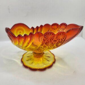 Vintage UV Reactive L.G. Wright Glass Daisy and Button Amberina Compote Bowl